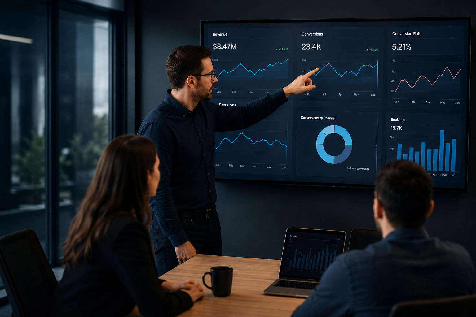 Equipo analizando datos y métricas de conversión en una sala estratégica