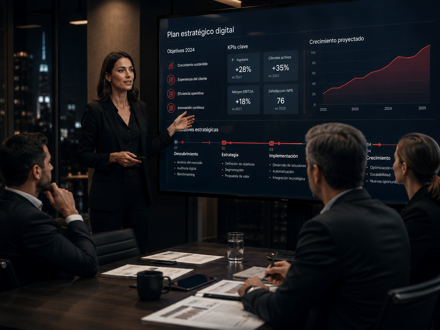 Presentación de un plan estratégico digital con objetivos, iniciativas y KPIs