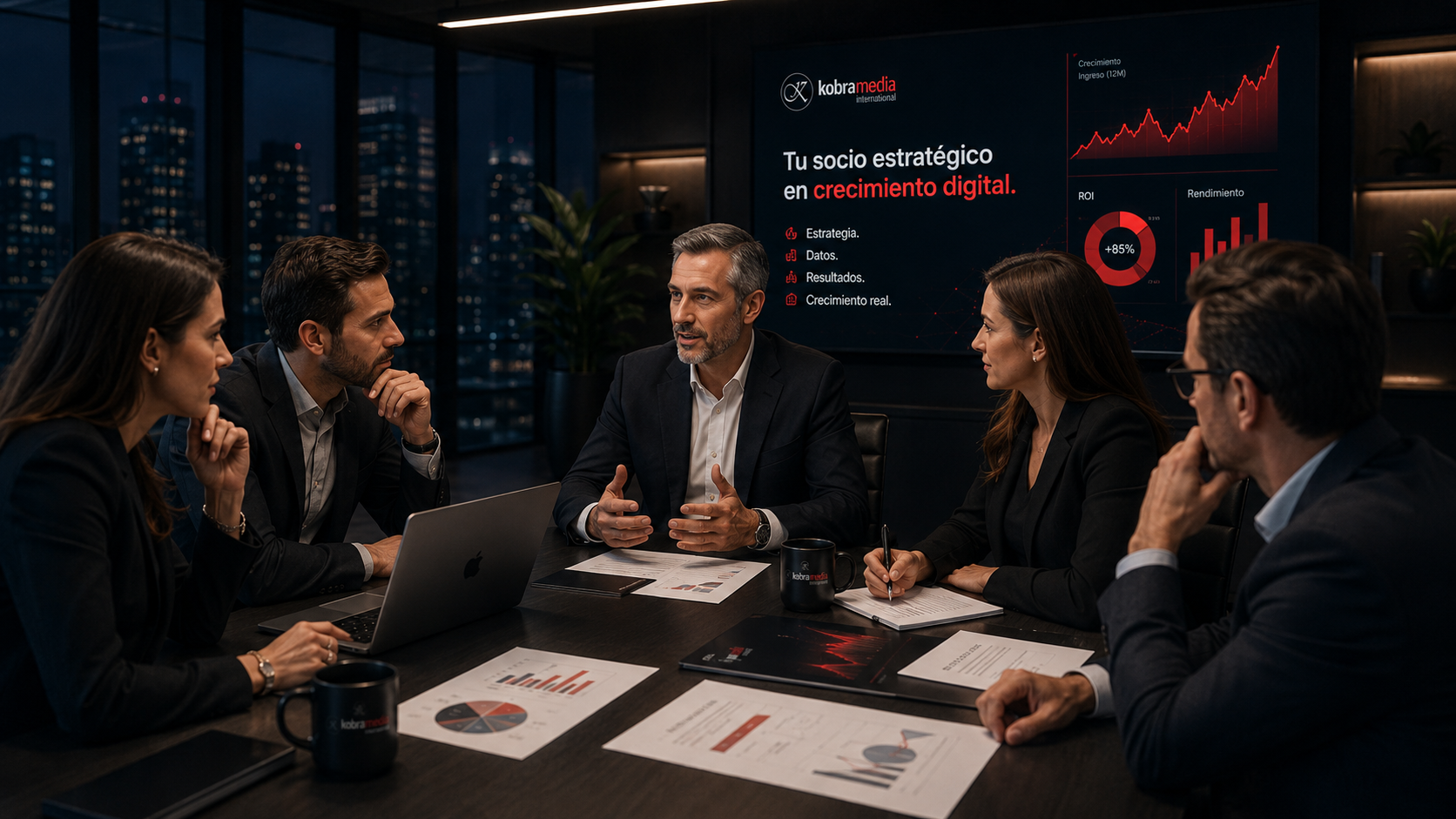 Equipo de Kobra Media International reunido en una sesión estratégica