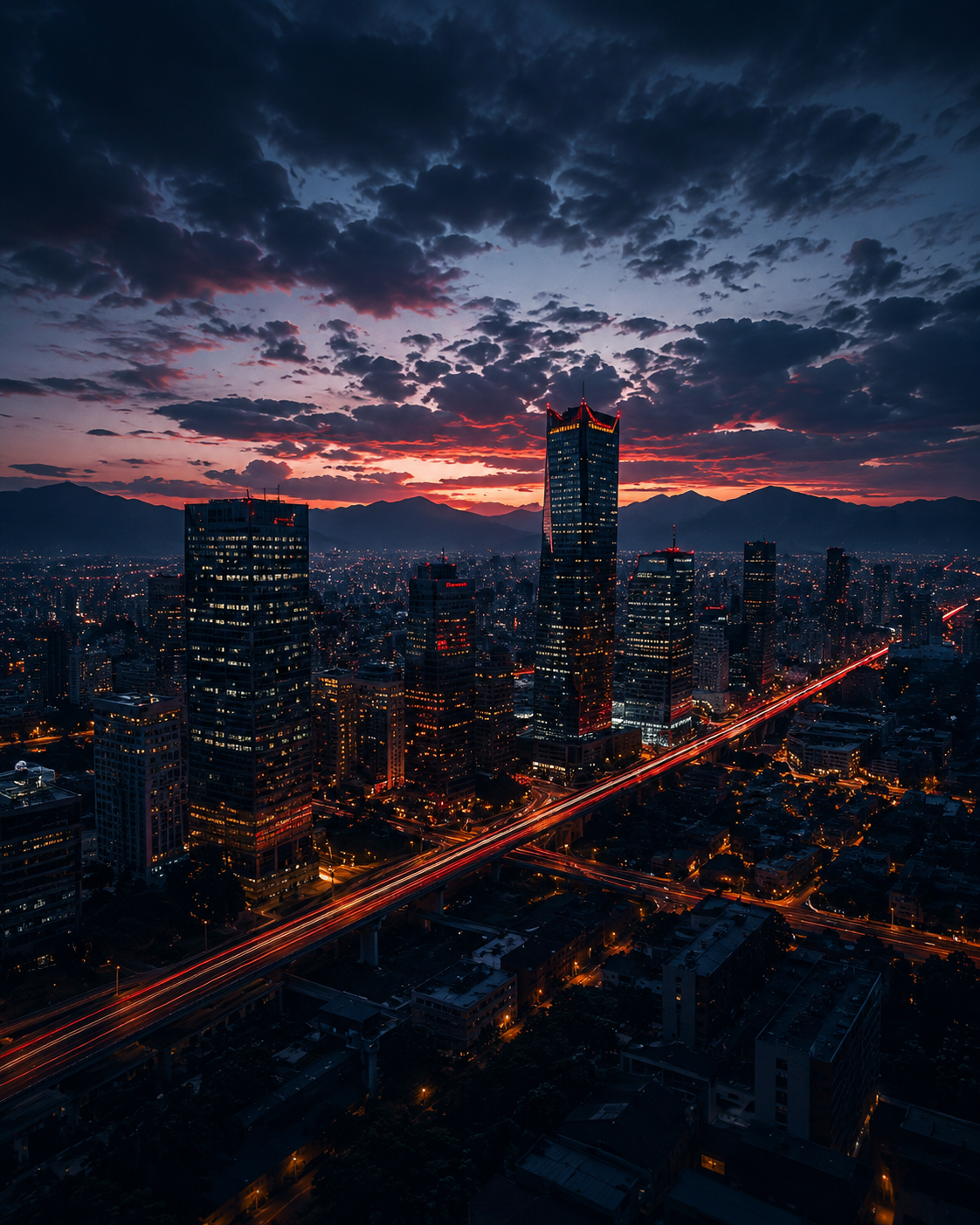 Ciudad nocturna con líneas de crecimiento digital