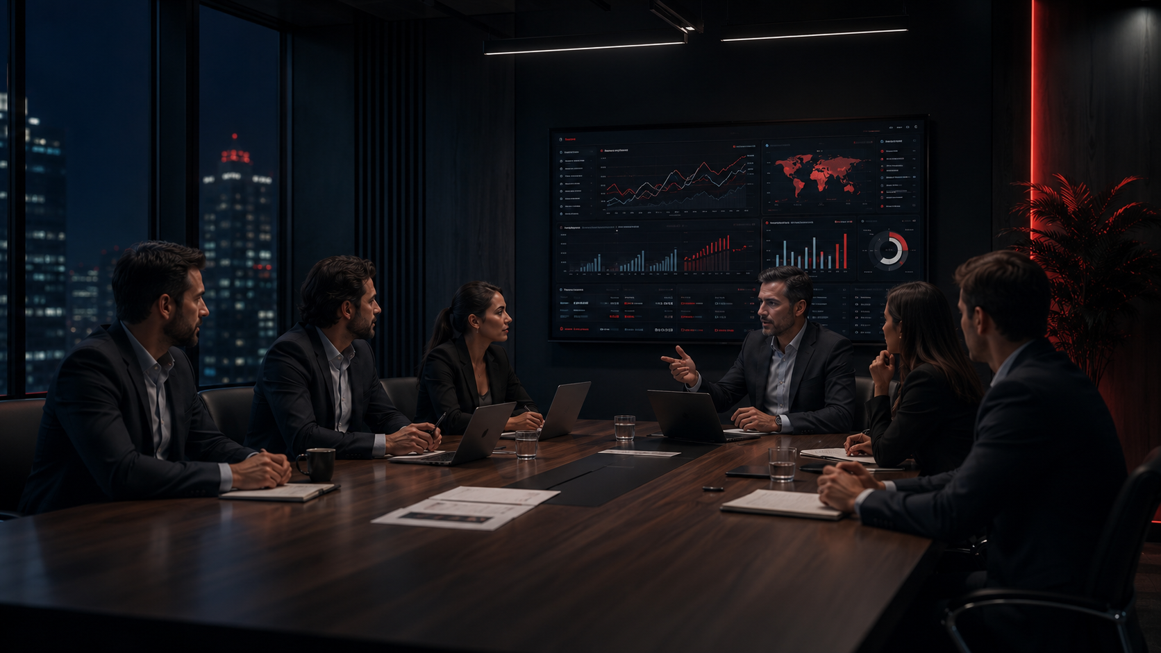 Equipo revisando un plan estratégico digital en una sala de reuniones