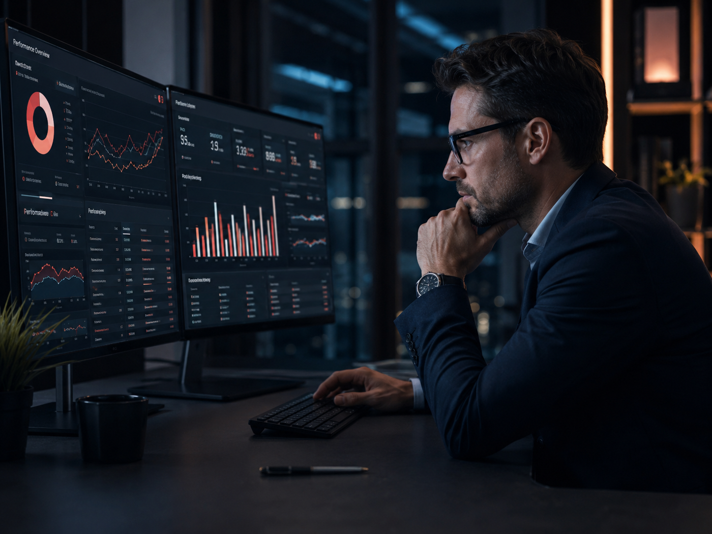 Especialista optimizando campañas SEM en dashboard oscuro