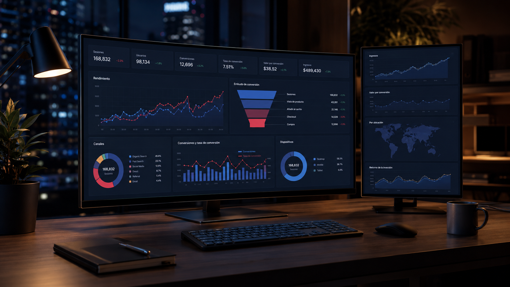Dashboard de analítica y conversión con gráficos de rendimiento