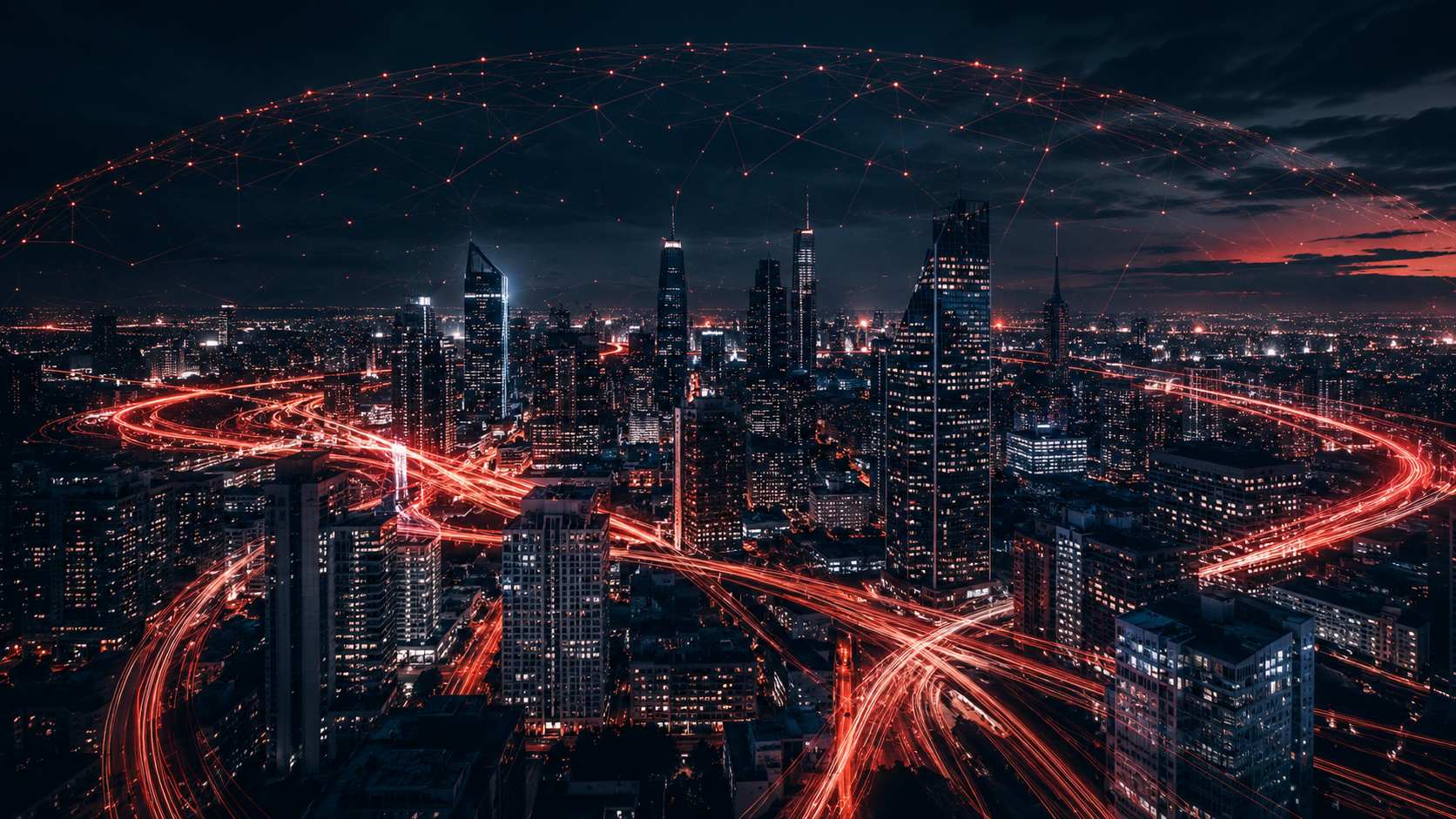 Ciudad nocturna con líneas de crecimiento digital