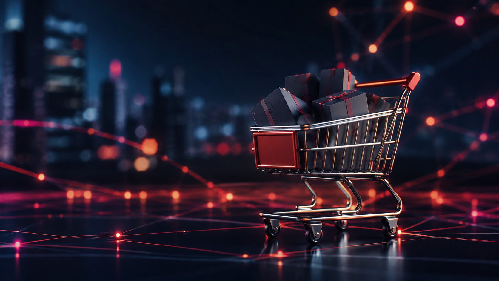Carrito de ecommerce con paquetes y red digital de crecimiento